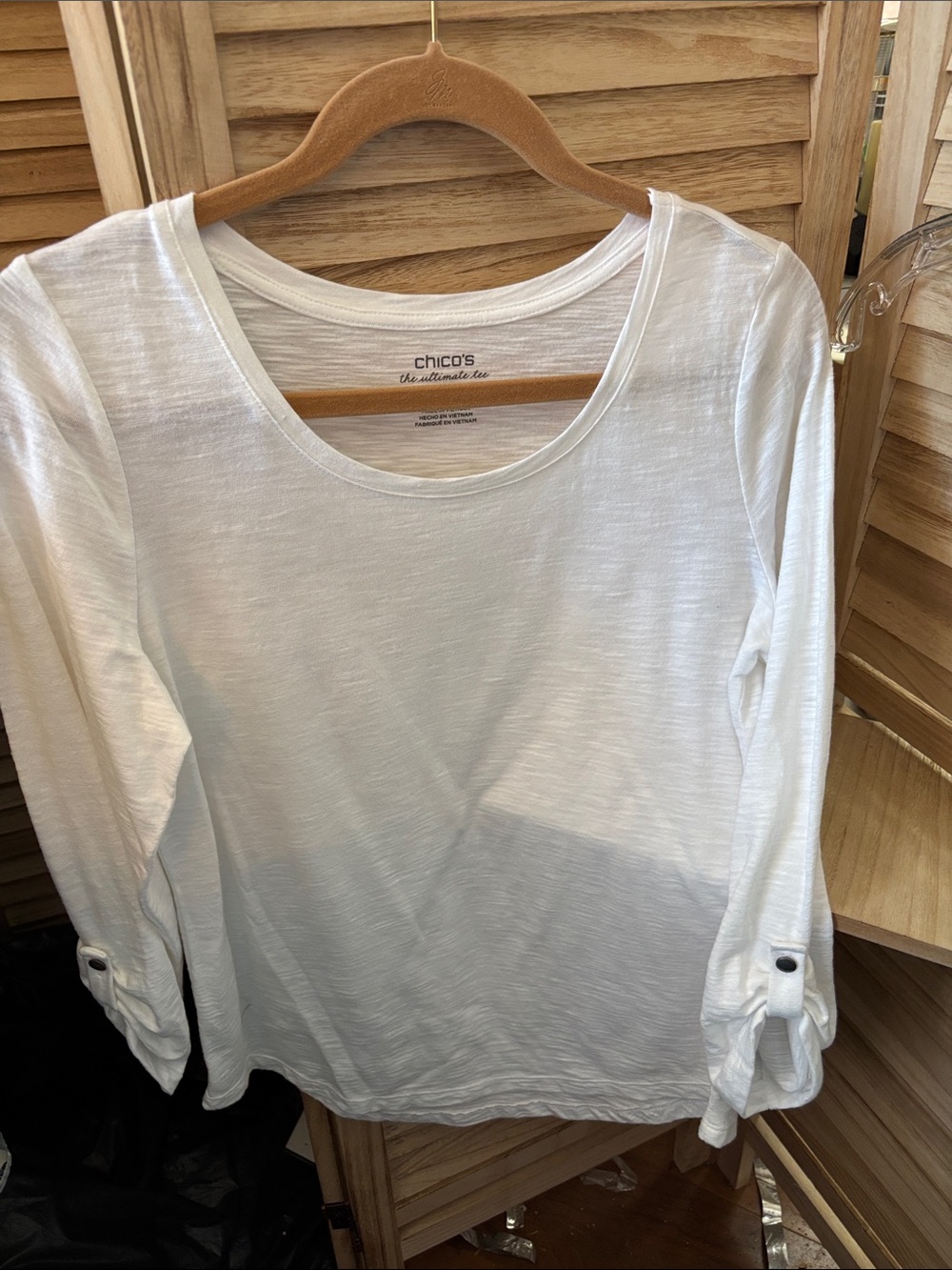 Chico's White Scoop Neck Long Sleeve Burnout Top with Roll-Tab Sleeves 0 Small